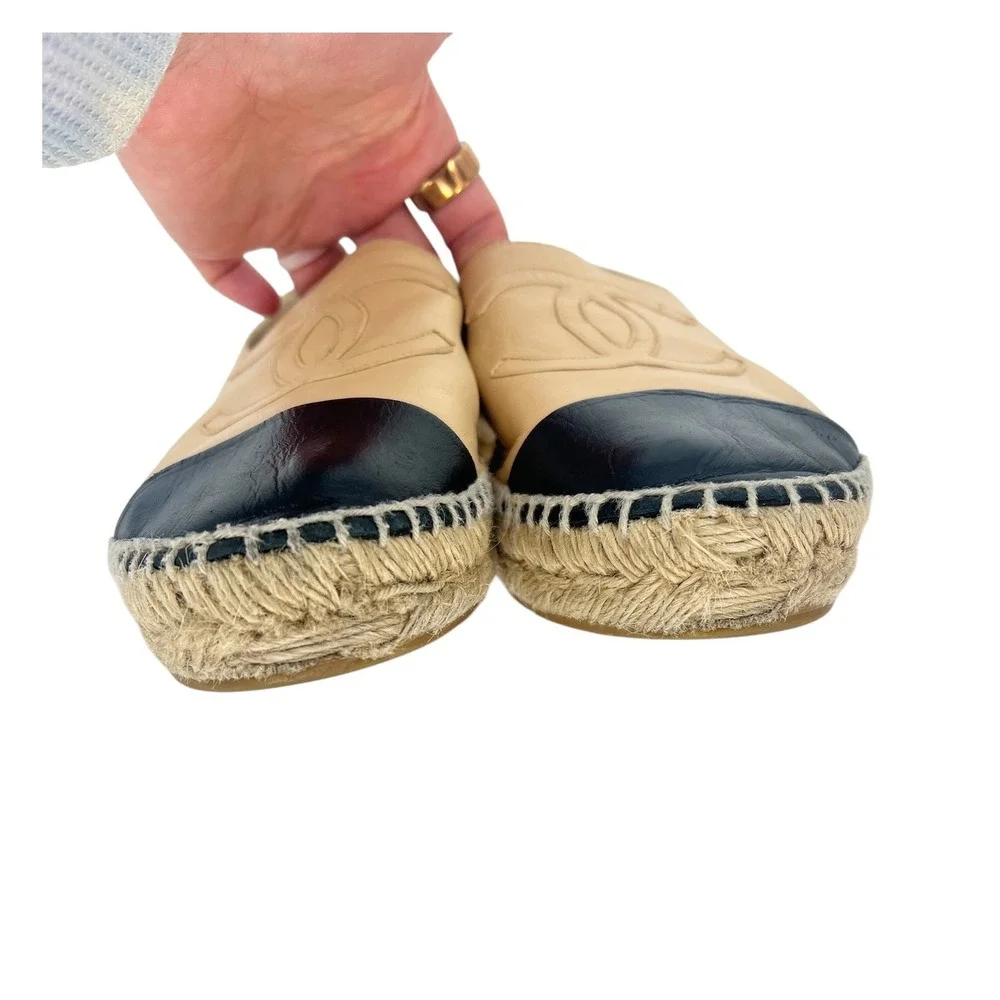 Chanel Lambskin CC Cap Toe Espadrilles Beige Black Size 41